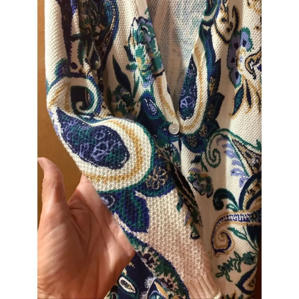Soft Surroundings Blue and Green Paisley Jacquard Pattern Jacket Midi Length